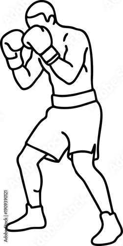 Professional Boxer in Stance Fighting Pose Line Art Vector