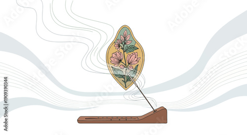 Incense Stick with Botanical Flower Illustration and Smoke Swirls