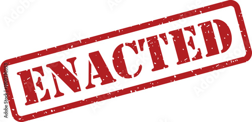 Red rubber stamp with the word Enacted presented clearly on a plain white backdrop