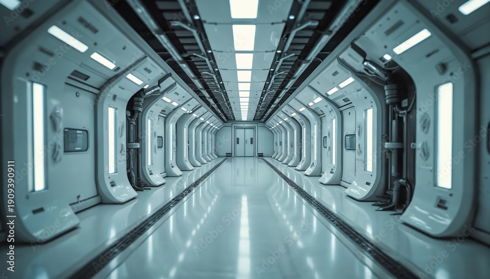 Fototapeta premium Empty futuristic spaceship hallway or space station interior corridor with bright lights. Sci fi architecture with modern design, clean white walls and doors. Future technology passage.