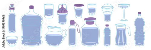 set of various blue bottles, jugs, and glasses filled with water. A collection of flat vector hydration containers for a healthy lifestyle blog, nutrition infographics, menus, or home design projects.