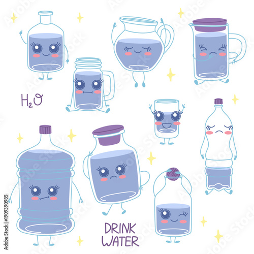 Set of cute water bottle and jug characters with faces. Flat vector h2o mascot collection for hydration reminder app, healthy lifestyle blog, kids educational posters or stickers design