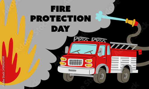 Firefighter's Day banner with a fire truck and a water hose dousing fire. Flat vector illustration for professional holiday posters, rescue service events, fire safety, or educational design projects