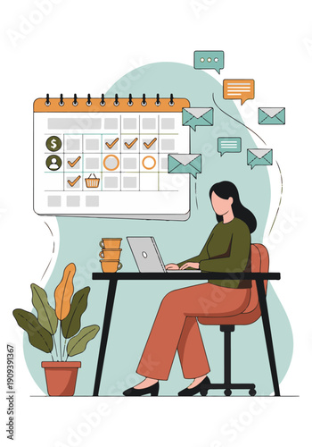 Woman working on laptop, managing schedule, tasks and digital communication
