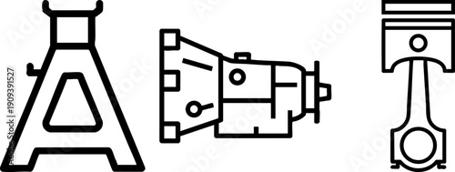 Automobile Parts Icon Set: Jack Stand, Transmission, Piston
