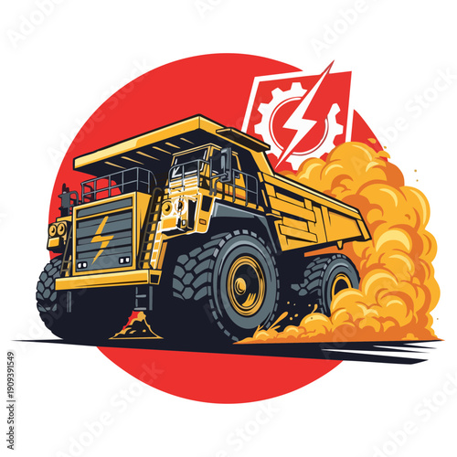 Heavy machinery truck driving on construction site with smoke and dust, e71.svg illustration
