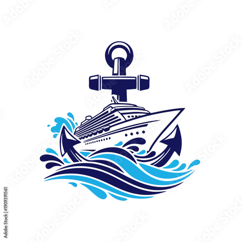 Cruise ship anchored in the ocean with waves and anchor, viewed from the side, e65.svg illustration