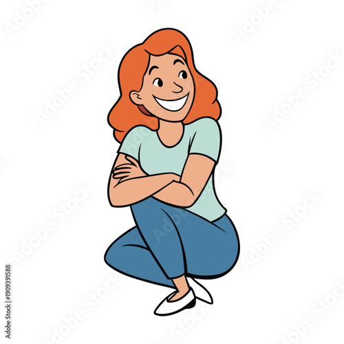 A serene woman sits, hugging her knees close, a gentle smile lighting her face, radiating warmth, comfort, and quiet contentment in a peaceful moment.
