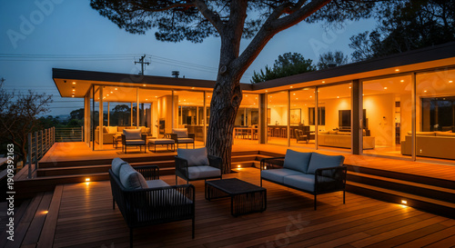 Modern luxury home exterior with deck and outdoor furniture at dusk
