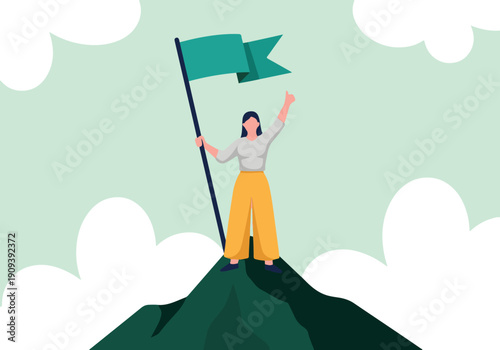 Successful woman reaching mountain peak, holding flag and celebrating achievement