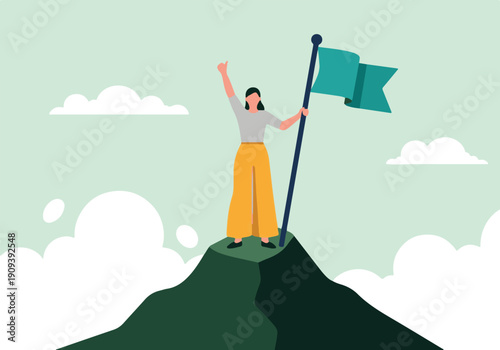 Woman on mountain top celebrating business success with flag and thumbs up