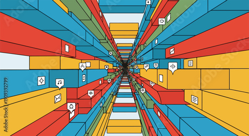 Abstract digital art of a colorful, geometric tunnel with social media icons, representing connectivity and data flow