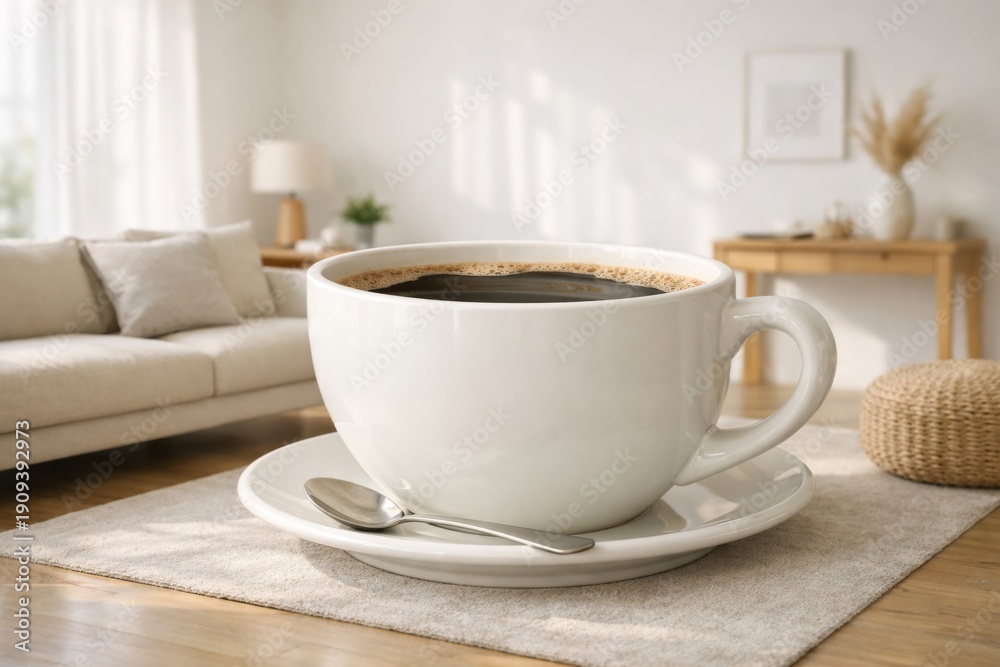 Obraz premium Cozy Setting Featuring a Large Cup of Black Coffee, Capturing a Moment of Relaxation in a Bright, Modern Living Room