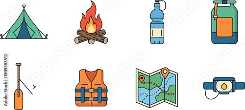 Camping and outdoor adventure icons set including tent campfire water bottle backpack life vest map