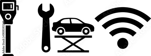 Automotive Repair and Smart Service Icons Set: Car, Wrench, and Wifi