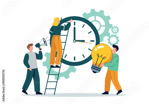 Business team collaborating on time management, strategy, and innovative ideas