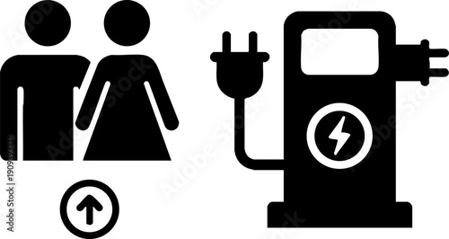 EV charging station and people vector icon illustration