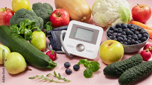 Healthy food and blood pressure monitor, hypertension prevention, DASH diet, heart health, cardiovascular wellness