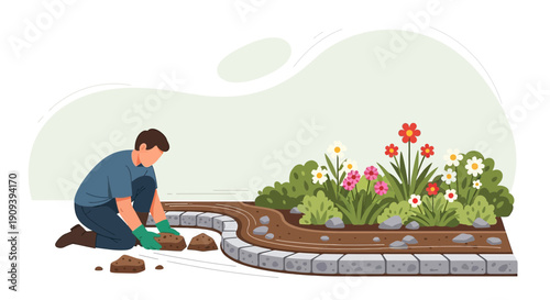 Gardener creating flower bed with stone border and blooming plants, illustration