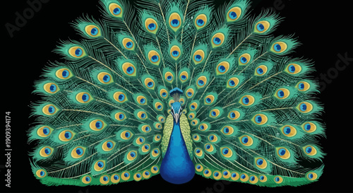 Vibrant illustration of a peacock with spread tail feathers on a black background