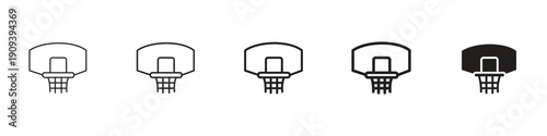 Basketball hoop icons in black outline, solid and colored style