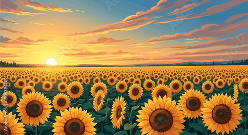 Vast sunflower field bathed in the warm glow of a sunset.