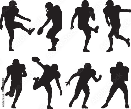 American football players in various poses and movements on white background