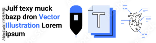 Medical innovation, healthcare, typography design, digital communication, data visualization, creative technology. A dropper icon, text elements and a stylized heart illustration. Medical innovation