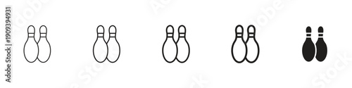 Bowling pins icons in black outline, solid and colored style