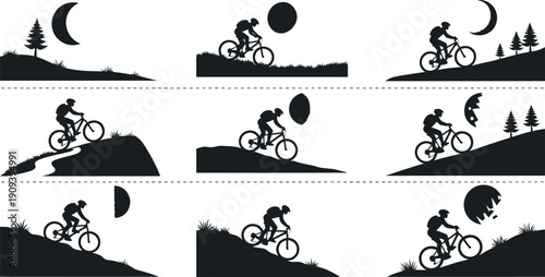 Mountain bike night riding silhouette collection with moon phases and forest landscape for outdoor cycling adventure theme