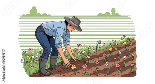 Gardener planting flowers in a field, illustration