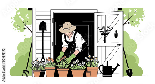 Gardener Planting Flowers in Garden Shed, Spring Season Activities