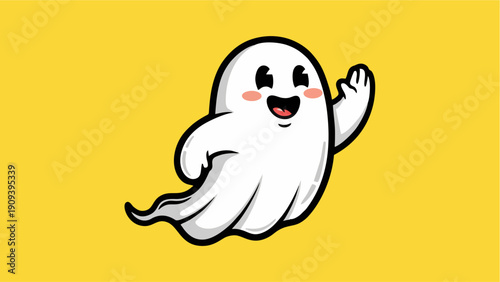 Cute Cartoon Waving Ghost Character on Yellow Background Friendly Halloween Mascot