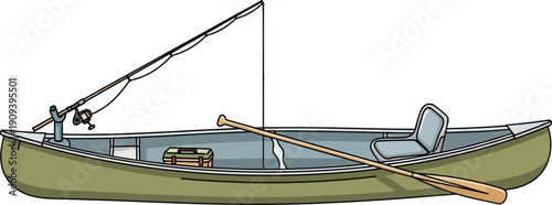 Open fishing canoe with a rod, paddle, and tackle box on a clear background