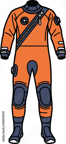 Orange dry suit with black and grey accents, featuring a diagonal zipper and protective padding for diving
