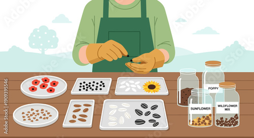 Gardener Planting Seeds: Variety of Flowers and Seeds on Table