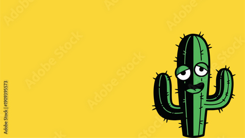 Funny Cartoon Cactus Character Illustration with Tired Expression on Bright Yellow Background