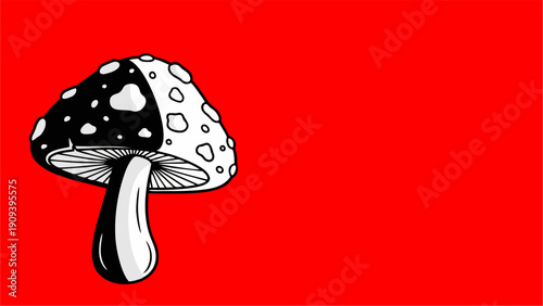Striking Black and White Amanita Mushroom Illustration on Vivid Red Background