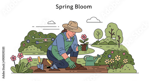 Gardener Planting Spring Flowers in Lush Garden Scene - Flat Vector Illustration