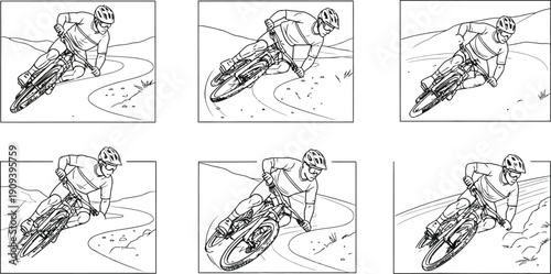 Sequence of mountain biker in various dynamic poses on a trail, black and white line art style