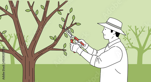 Gardener Pruning Tree Branches with Shears, Spring Garden Care