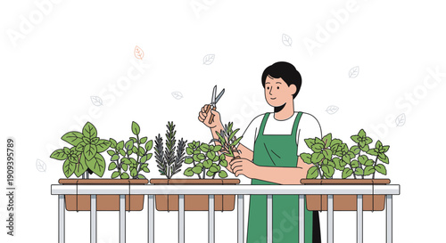 Gardener Pruning Herbs on Balcony - Flat Illustration