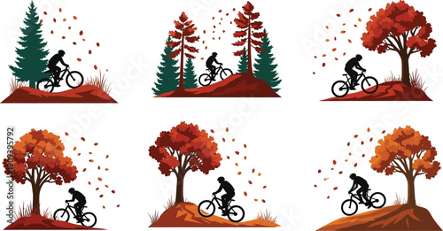Set of autumn outdoor scene with silhouette of a man riding bicycle illustration