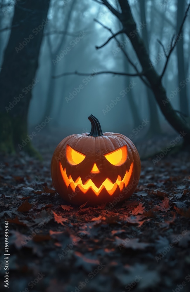 Obraz premium Carved pumpkin with glowing orange face sits on forest floor. Dark spooky woods with fog create eerie atmosphere for autumn holiday celebration and fear.