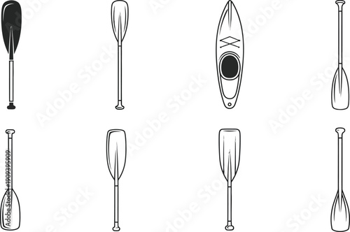 Set of paddles and kayak, essential equipment for water sports, boating accessories, canoe and paddle illustrations