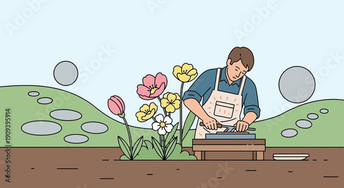 Gardener sharpening tools amidst spring flowers and rolling hills, flat illustration style.