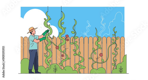 Gardener Tending Climbing Plants Against Wooden Fence