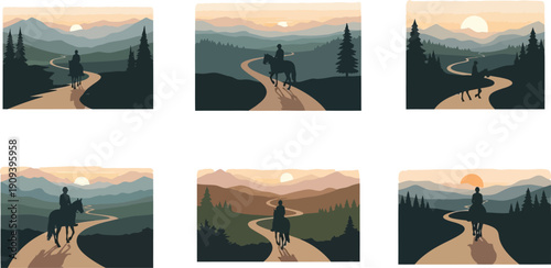 Set of six scenic landscape illustrations featuring horseback riders on winding paths in mountain valleys at sunset