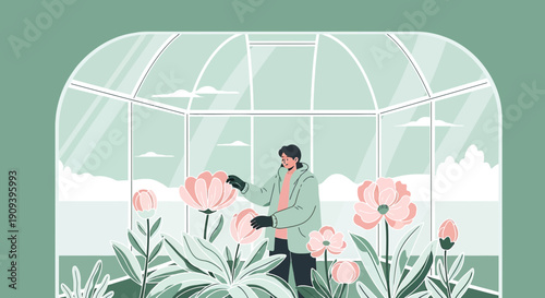 Gardener Tending Flowers in Greenhouse - Botanical Illustration