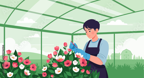 Gardener tending to blooming flowers in a greenhouse, illustration